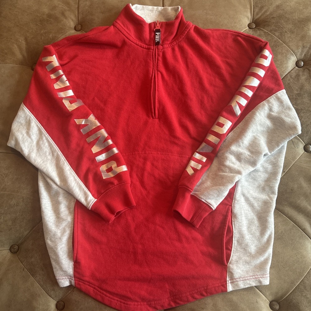 VS PINK Y2K Red & Heathered Gray Women's Medium Silver Letters Quarter Zip